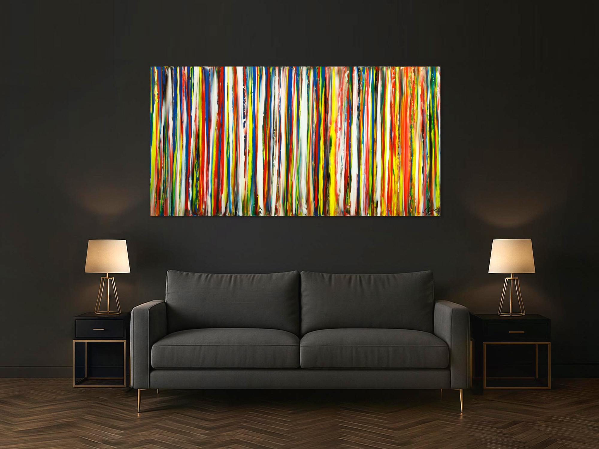 Gemälde Original abstrakt 100x200cm Spachteltechnik zeitgenössisch auf Leinwand bunte Streifen schwarz Unikat