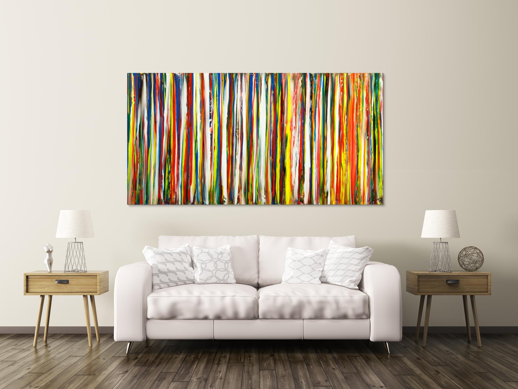 Gemälde Original abstrakt 100x200cm Spachteltechnik zeitgenössisch auf Leinwand bunte Streifen schwarz Unikat