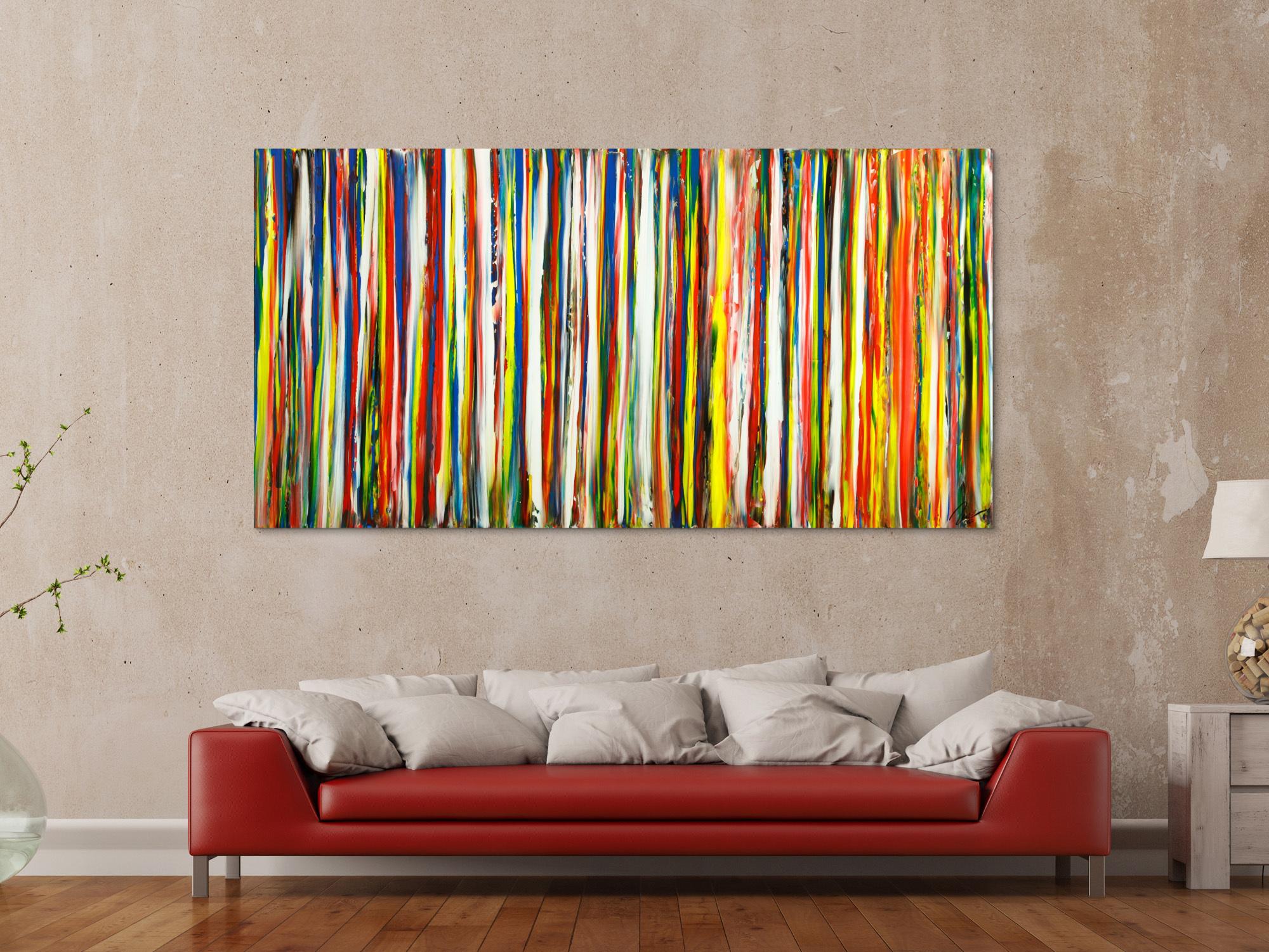Gemälde Original abstrakt 100x200cm Spachteltechnik zeitgenössisch auf Leinwand bunte Streifen schwarz Unikat