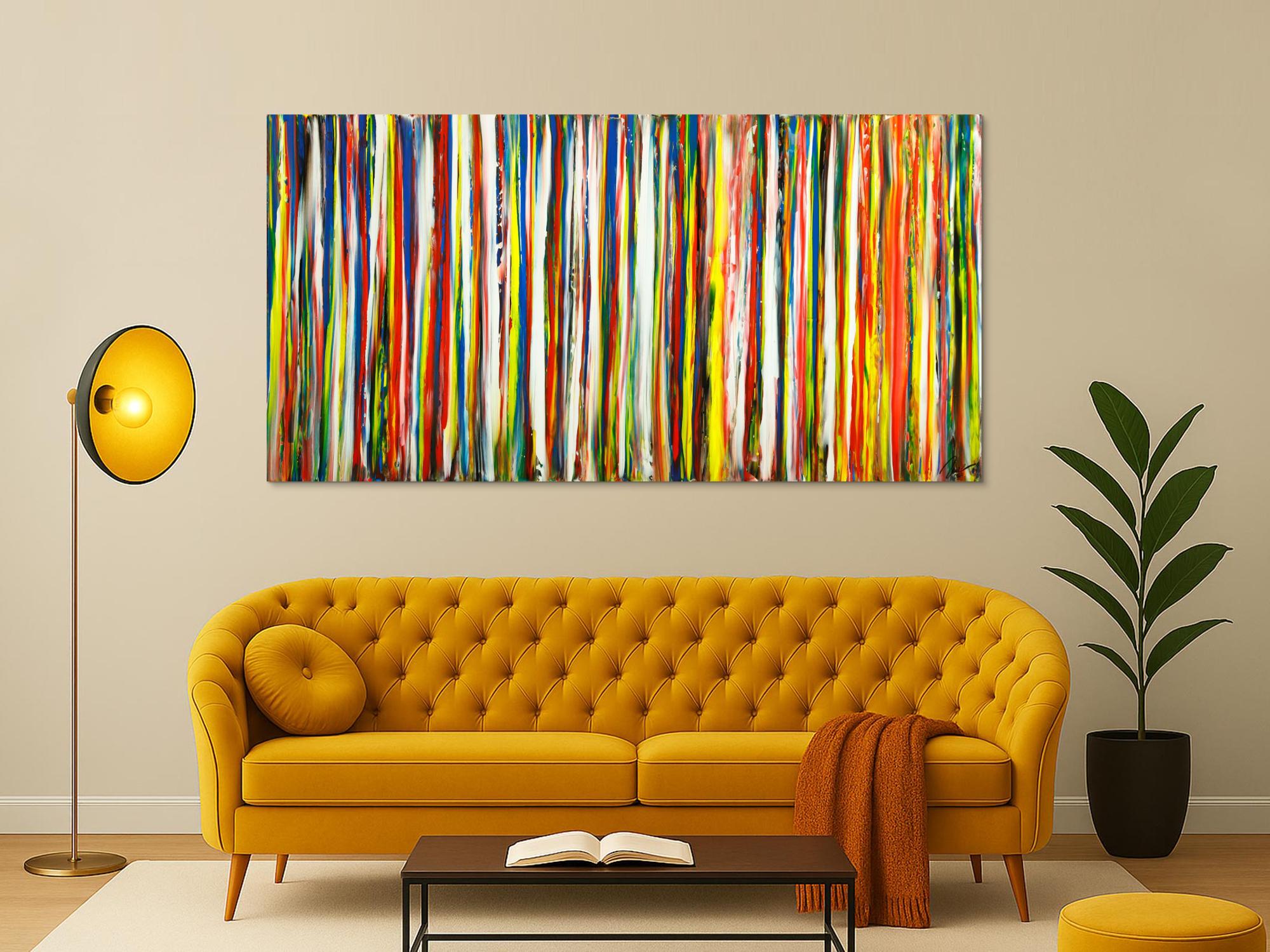 Gemälde Original abstrakt 100x200cm Spachteltechnik zeitgenössisch auf Leinwand bunte Streifen schwarz Unikat