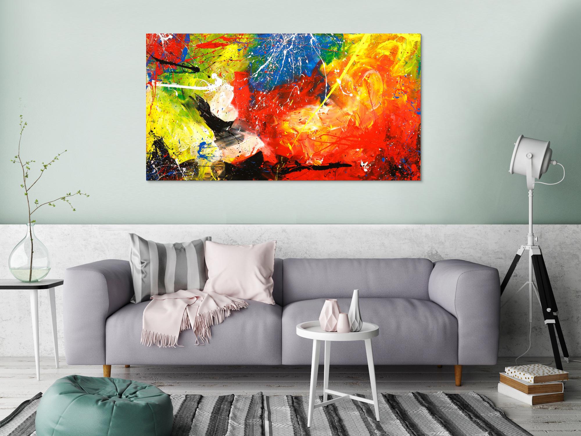 Gemälde Original abstrakt 80x150cm Action Painting Modern Art handgefertigt  rot gelb orange einzigartig