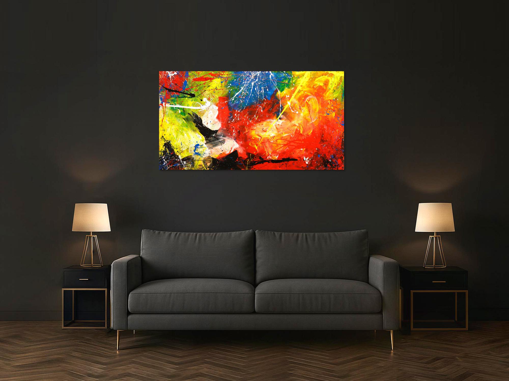 Gemälde Original abstrakt 80x150cm Action Painting Modern Art handgefertigt  rot gelb orange einzigartig