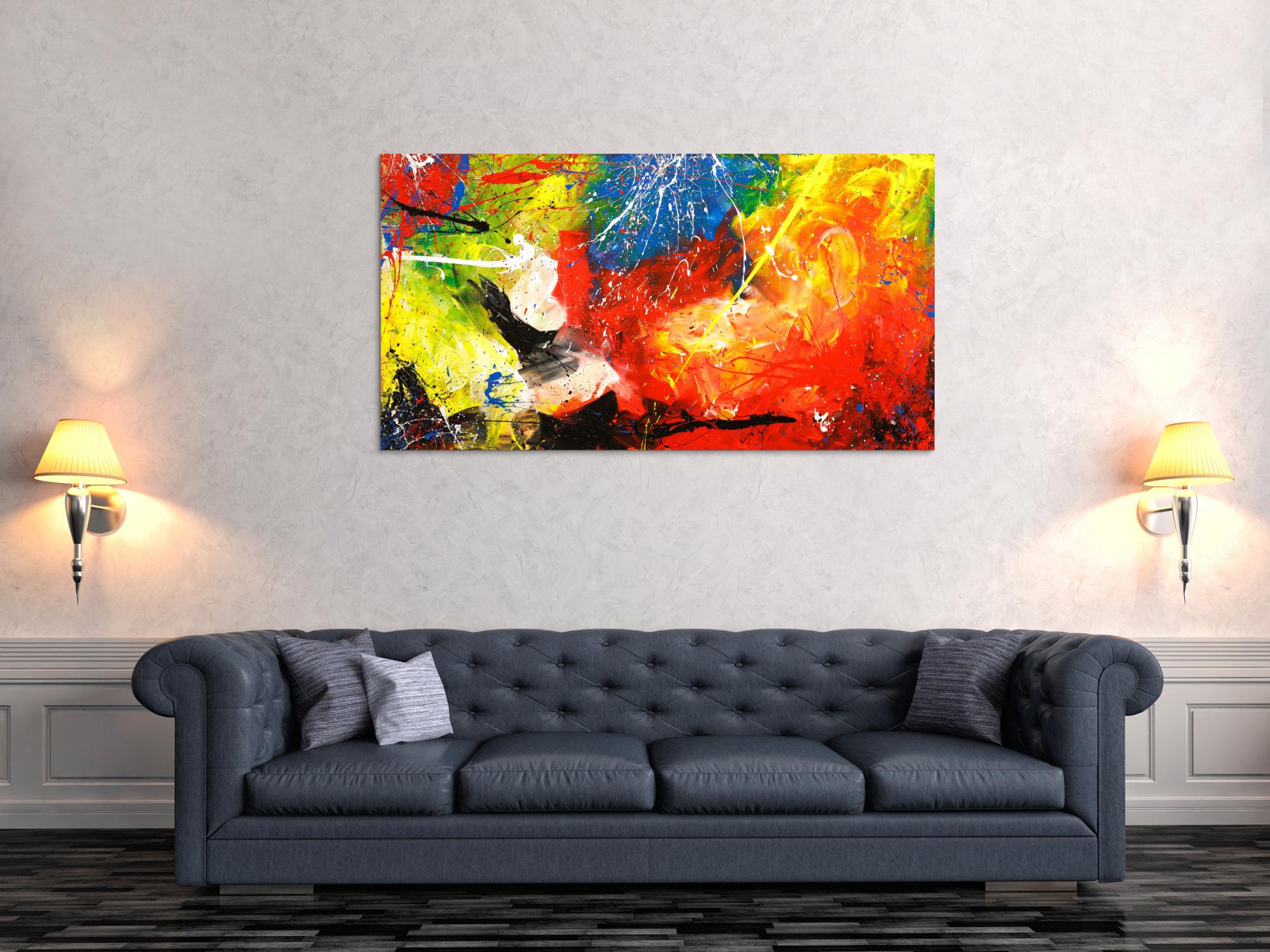 Gemälde Original abstrakt 80x150cm Action Painting Modern Art handgefertigt  rot gelb orange einzigartig