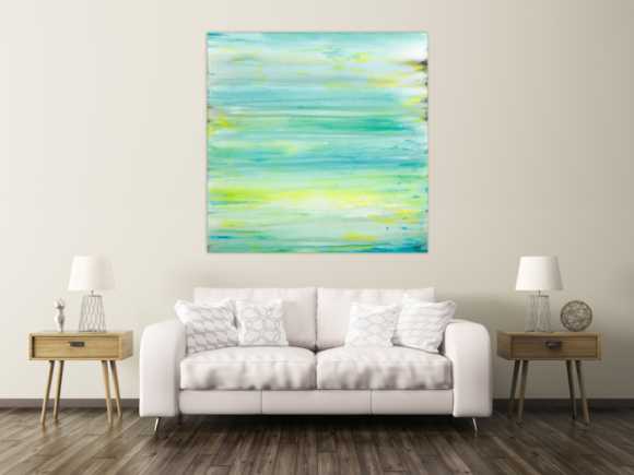 Gemälde Original abstrakt 140x140cm Mischtechnik Moderne Kunst auf Leinwand Fluid Painting weiß türkis beige Einzelstück