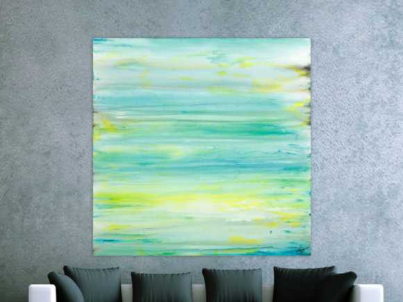 Gemälde Original abstrakt 140x140cm Mischtechnik Moderne Kunst auf Leinwand Fluid Painting weiß türkis beige Einzelstück