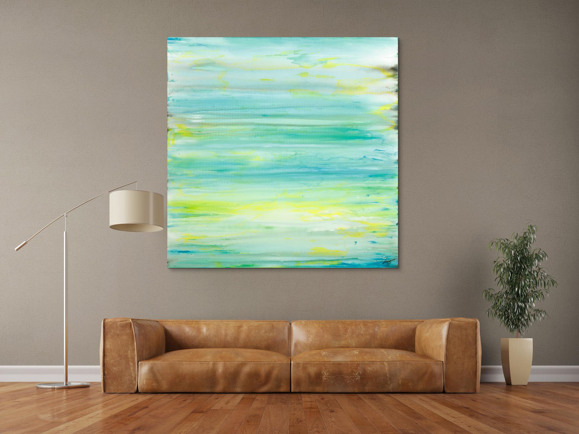 Gemälde Original abstrakt 140x140cm Mischtechnik Moderne Kunst auf Leinwand Fluid Painting weiß türkis beige Einzelstück