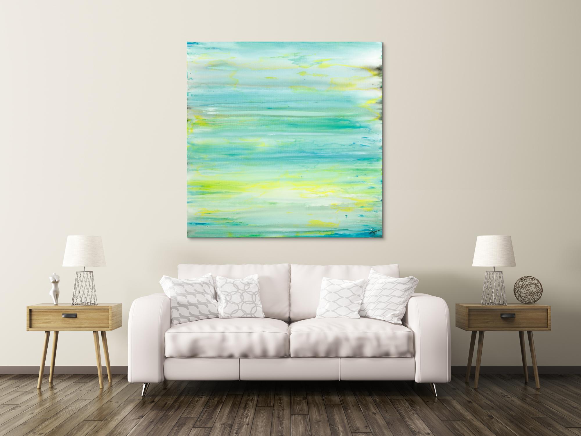 Gemälde Original abstrakt 140x140cm Mischtechnik Moderne Kunst auf Leinwand Fluid Painting weiß türkis beige Einzelstück