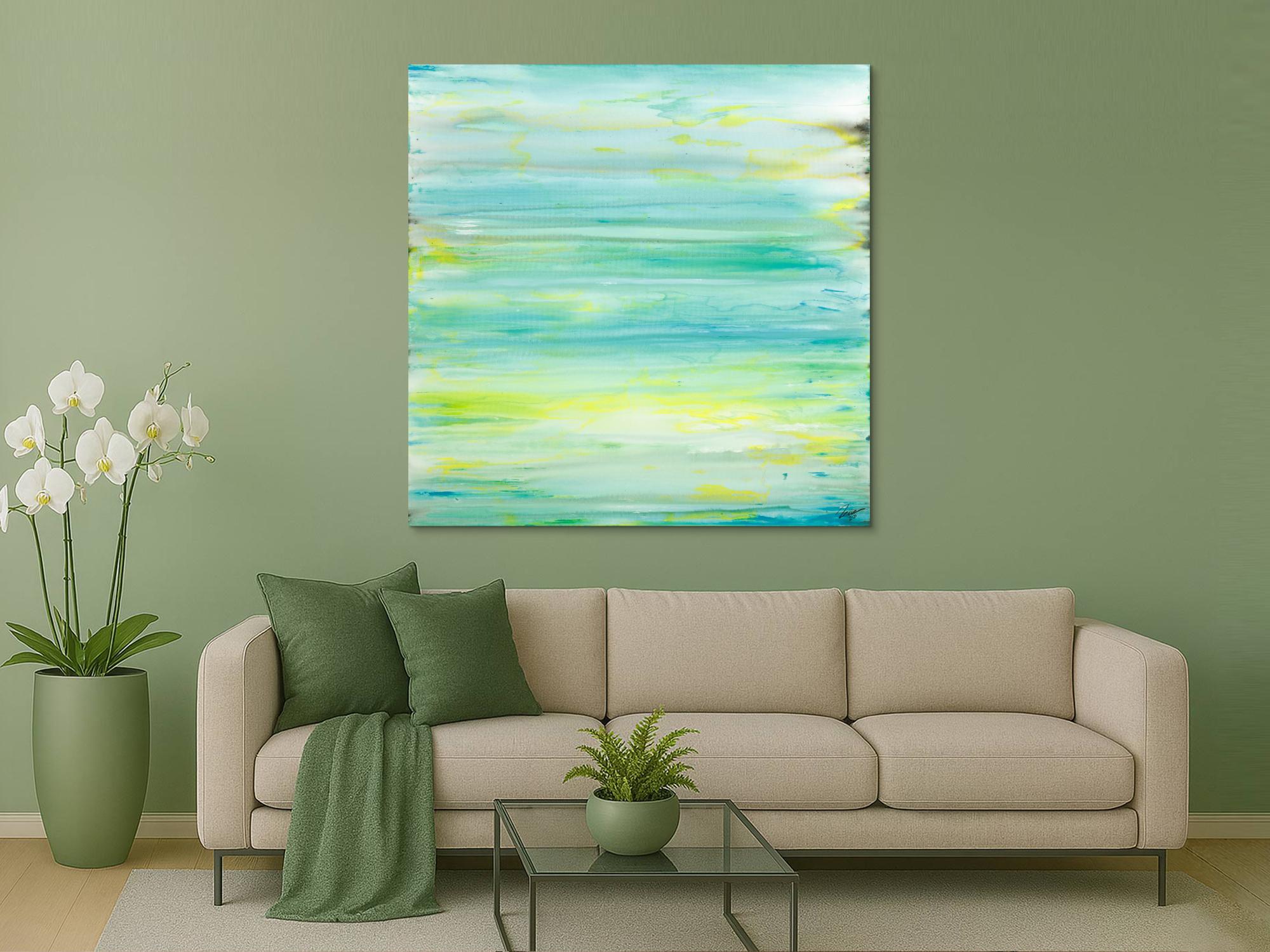 Gemälde Original abstrakt 140x140cm Mischtechnik Moderne Kunst auf Leinwand Fluid Painting weiß türkis beige Einzelstück