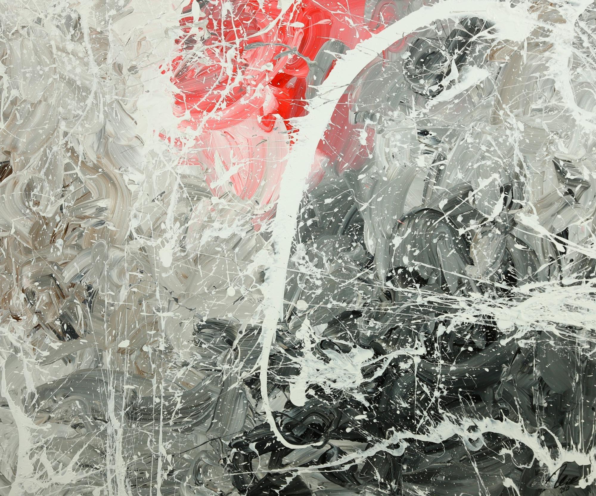 Gemälde Original abstrakt 100x120cm Action Painting zeitgenössisch handgefertigt Mischtechnik weiß grau anthrazit Unikat