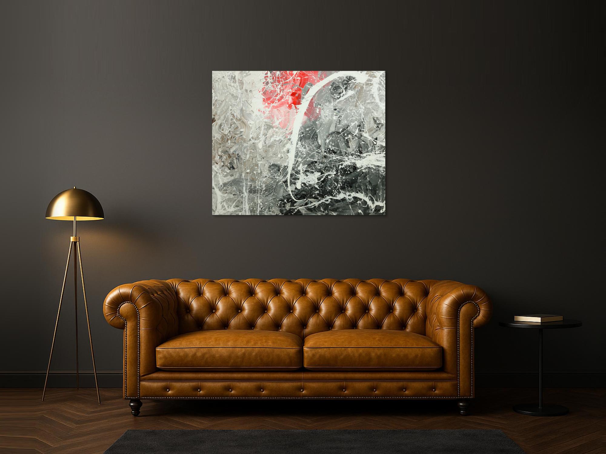 Gemälde Original abstrakt 100x120cm Action Painting zeitgenössisch handgefertigt Mischtechnik weiß grau anthrazit Unikat