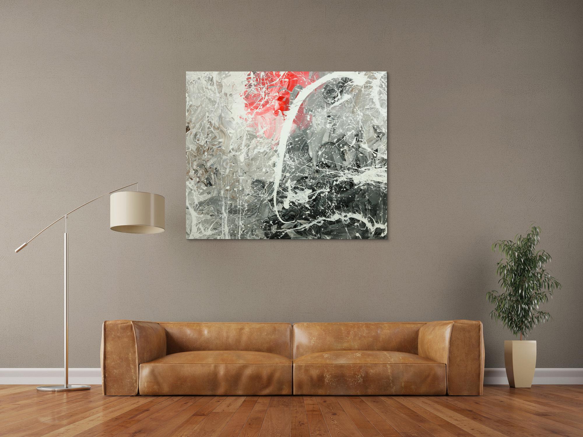 Gemälde Original abstrakt 100x120cm Action Painting zeitgenössisch handgefertigt Mischtechnik weiß grau anthrazit Unikat