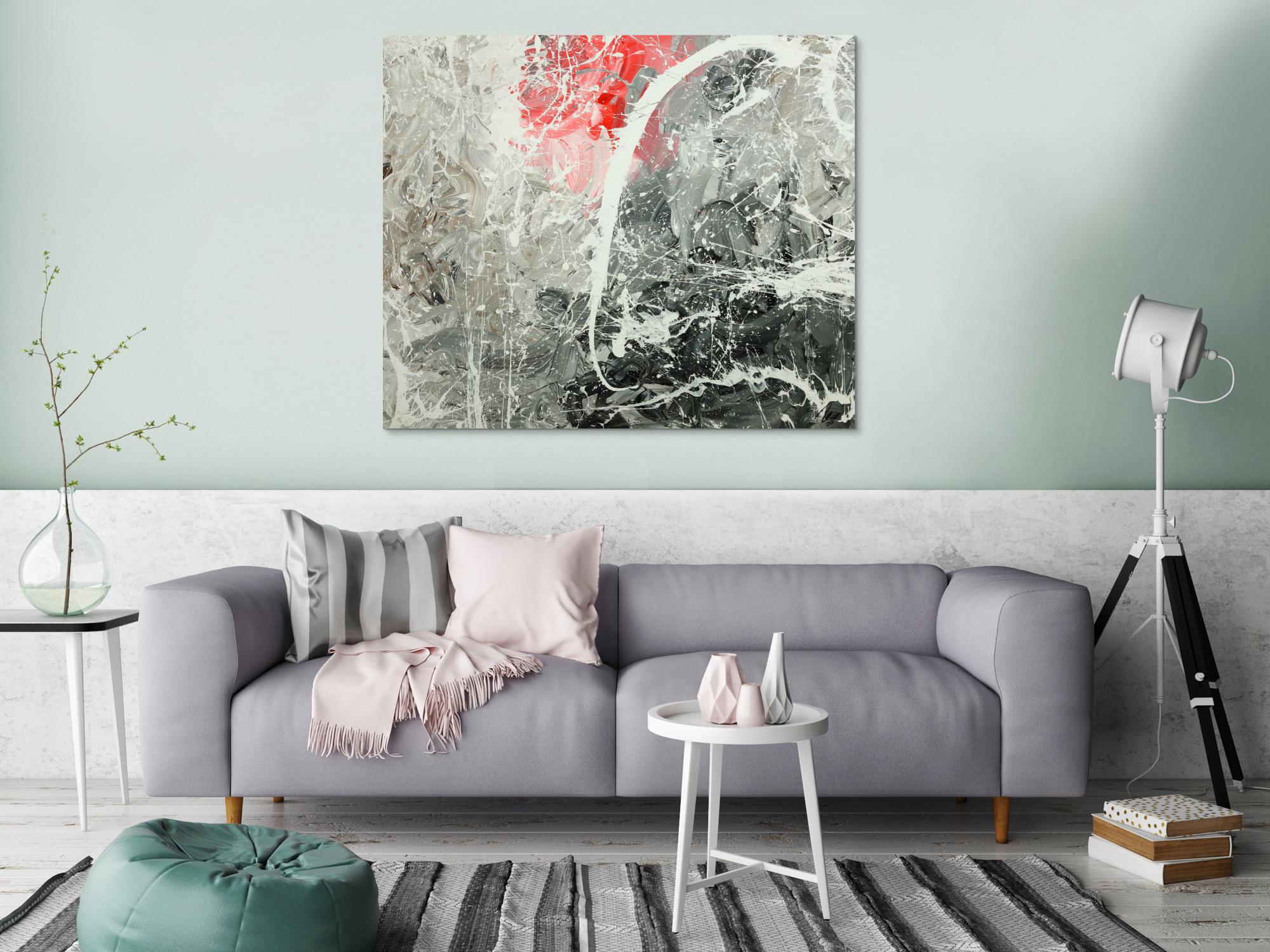 Gemälde Original abstrakt 100x120cm Action Painting zeitgenössisch handgefertigt Mischtechnik weiß grau anthrazit Unikat