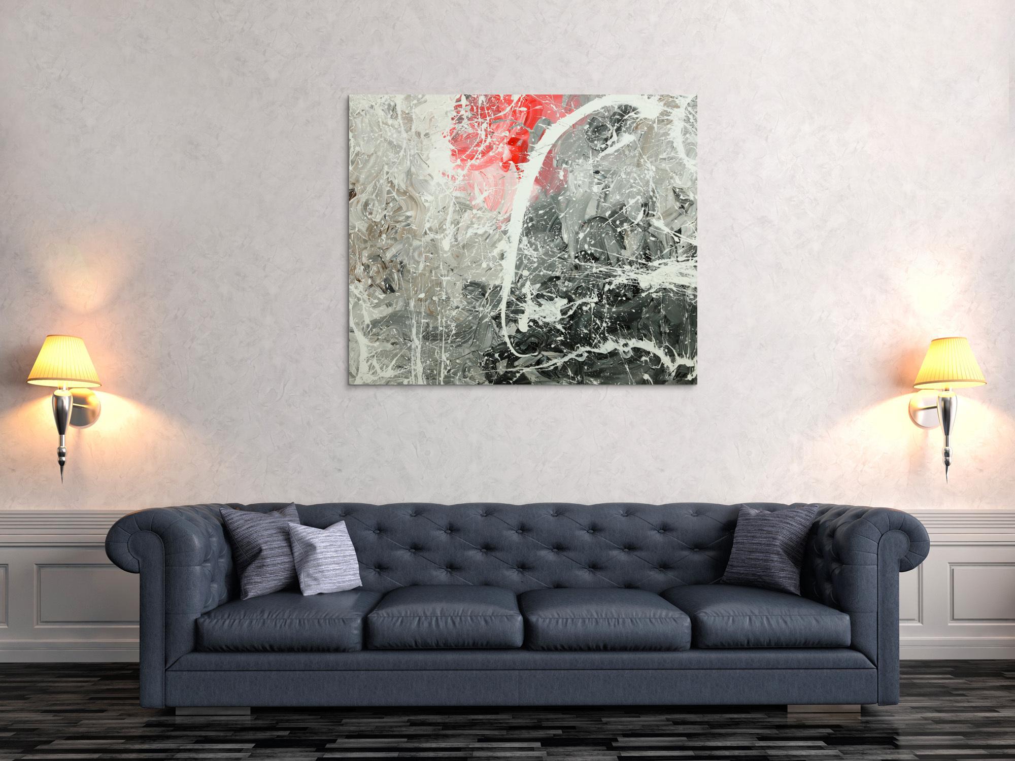 Gemälde Original abstrakt 100x120cm Action Painting zeitgenössisch handgefertigt Mischtechnik weiß grau anthrazit Unikat