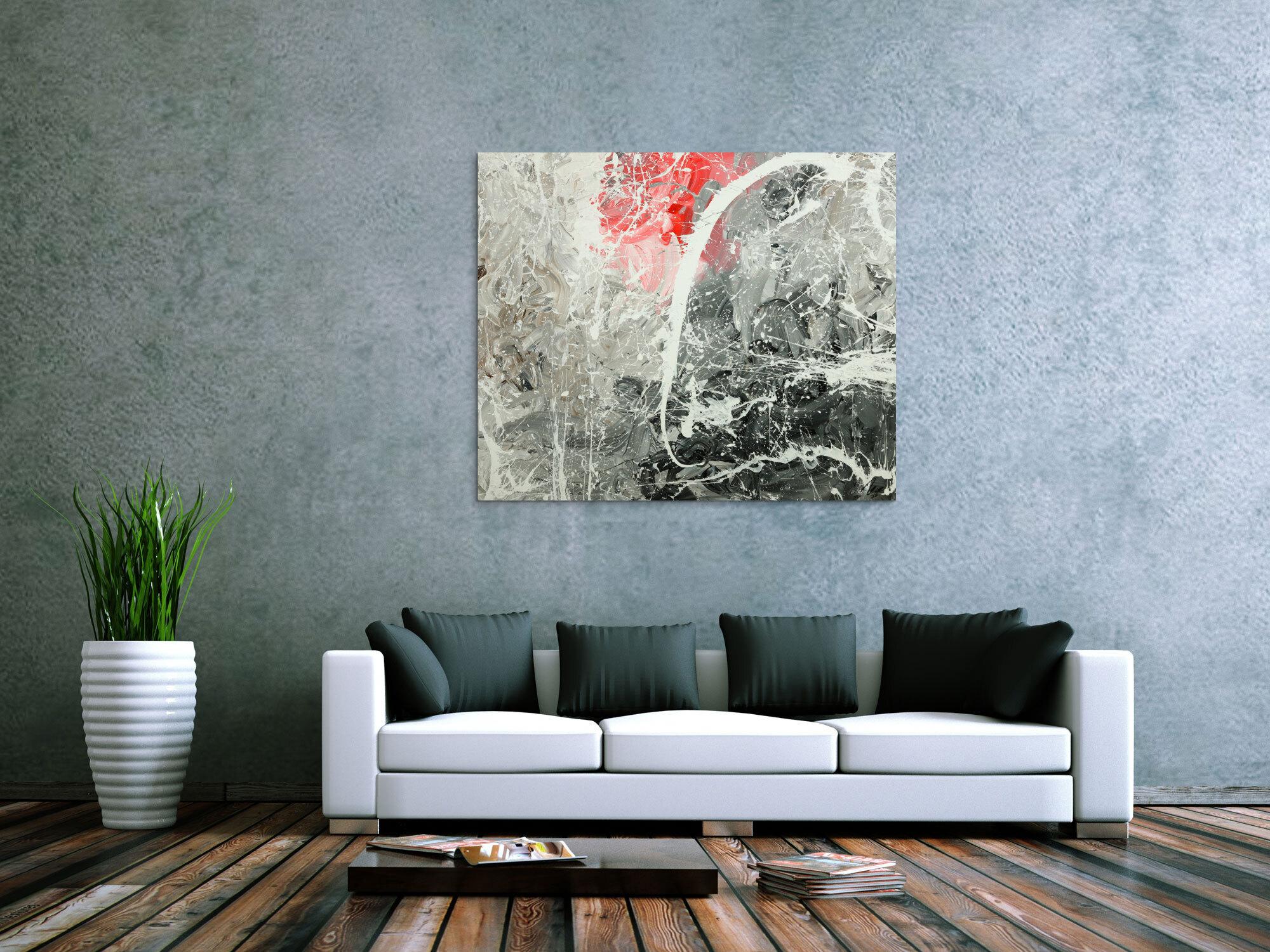 Gemälde Original abstrakt 100x120cm Action Painting zeitgenössisch handgefertigt Mischtechnik weiß grau anthrazit Unikat