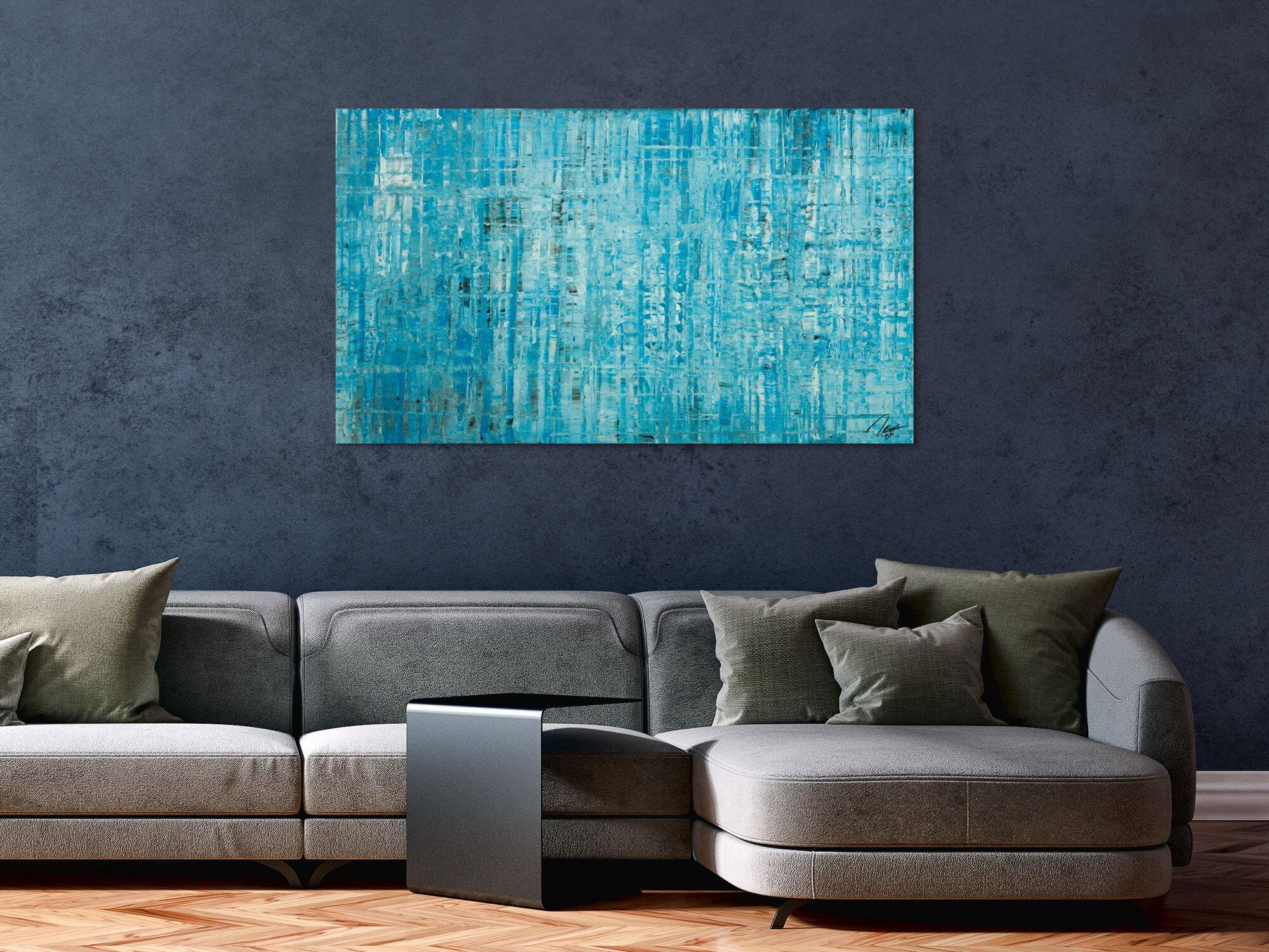 Original Gemälde abstrakt 70x120cm Spachteltechnik zeitgenössisch handgemalt  hellblau türkis anthrazit hochwertig