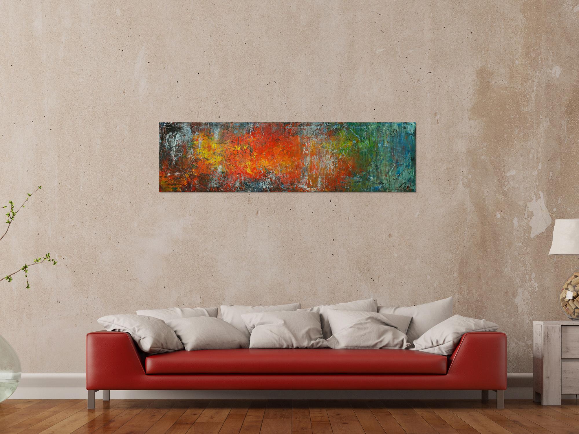 Gemälde Original abstrakt 40x150cm Spachteltechnik expressionistisch handgemalt bunte Farben Einzelstück