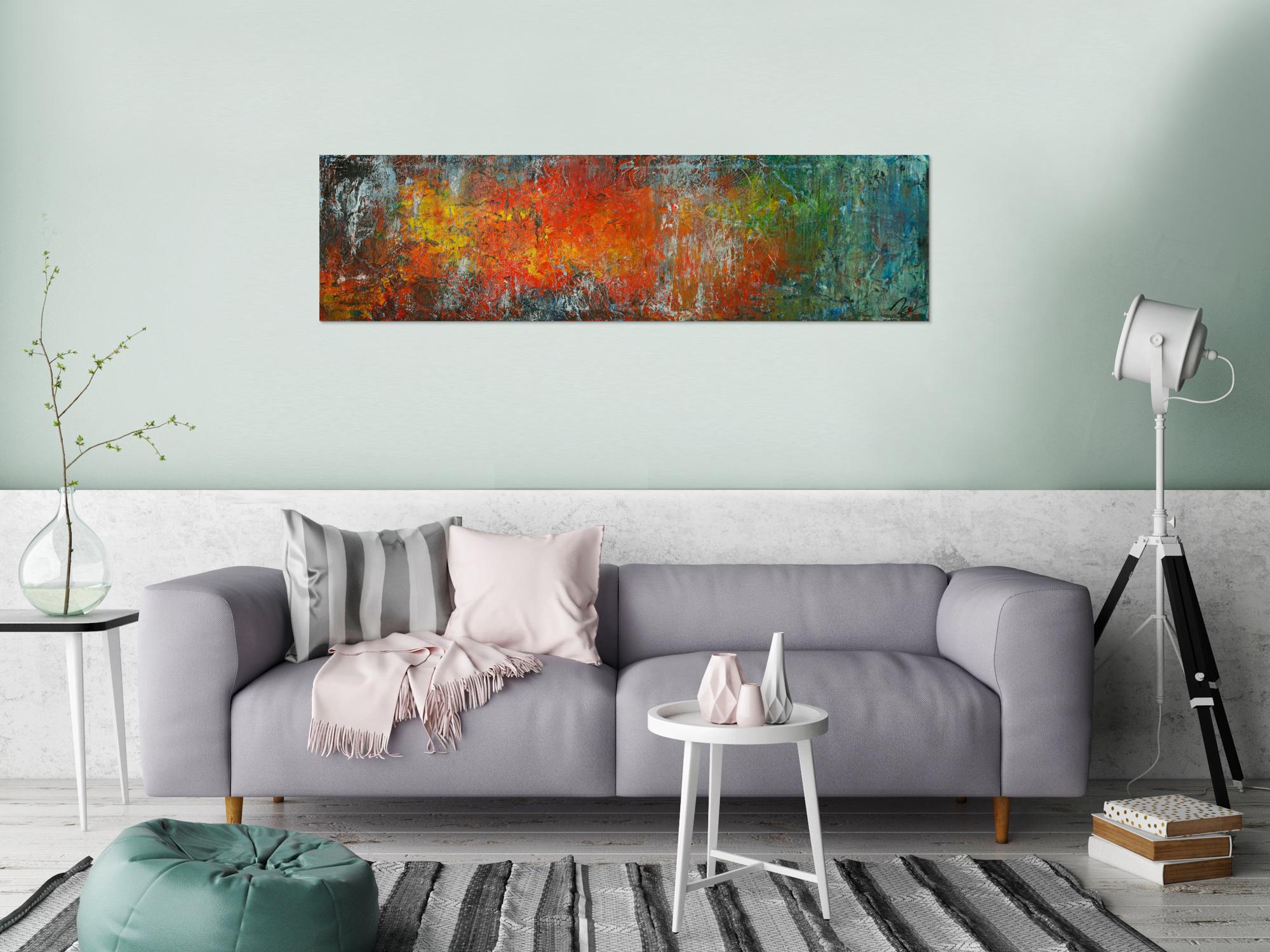 Gemälde Original abstrakt 40x150cm Spachteltechnik expressionistisch handgemalt bunte Farben Einzelstück