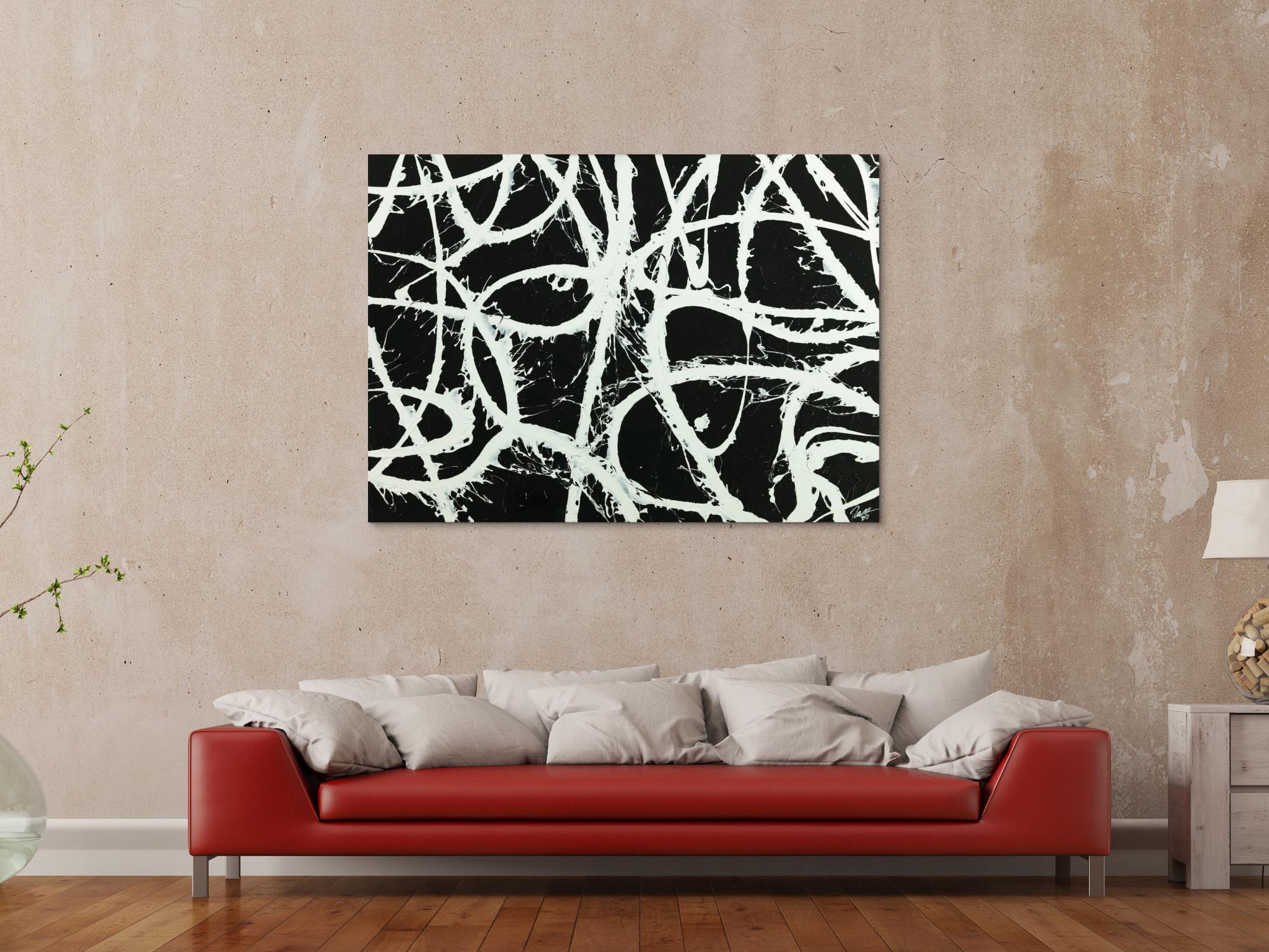 Original Gemälde abstrakt 100x140cm Minimalistisch zeitgenössisch handgemalt Action Painting schwarz weiß anthrazit Einzelstück