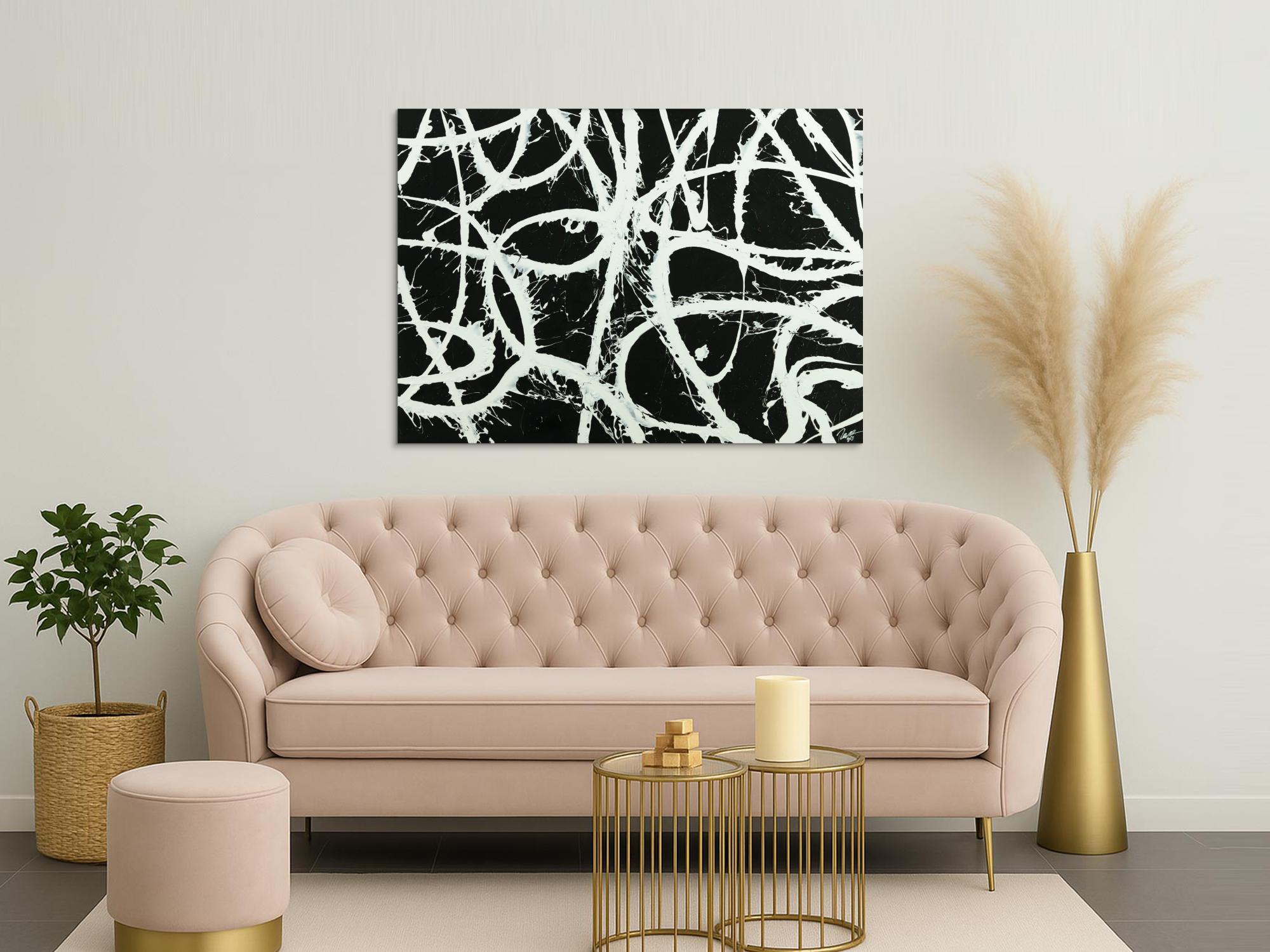 Original Gemälde abstrakt 100x140cm Minimalistisch zeitgenössisch handgemalt Action Painting schwarz weiß anthrazit Einzelstück