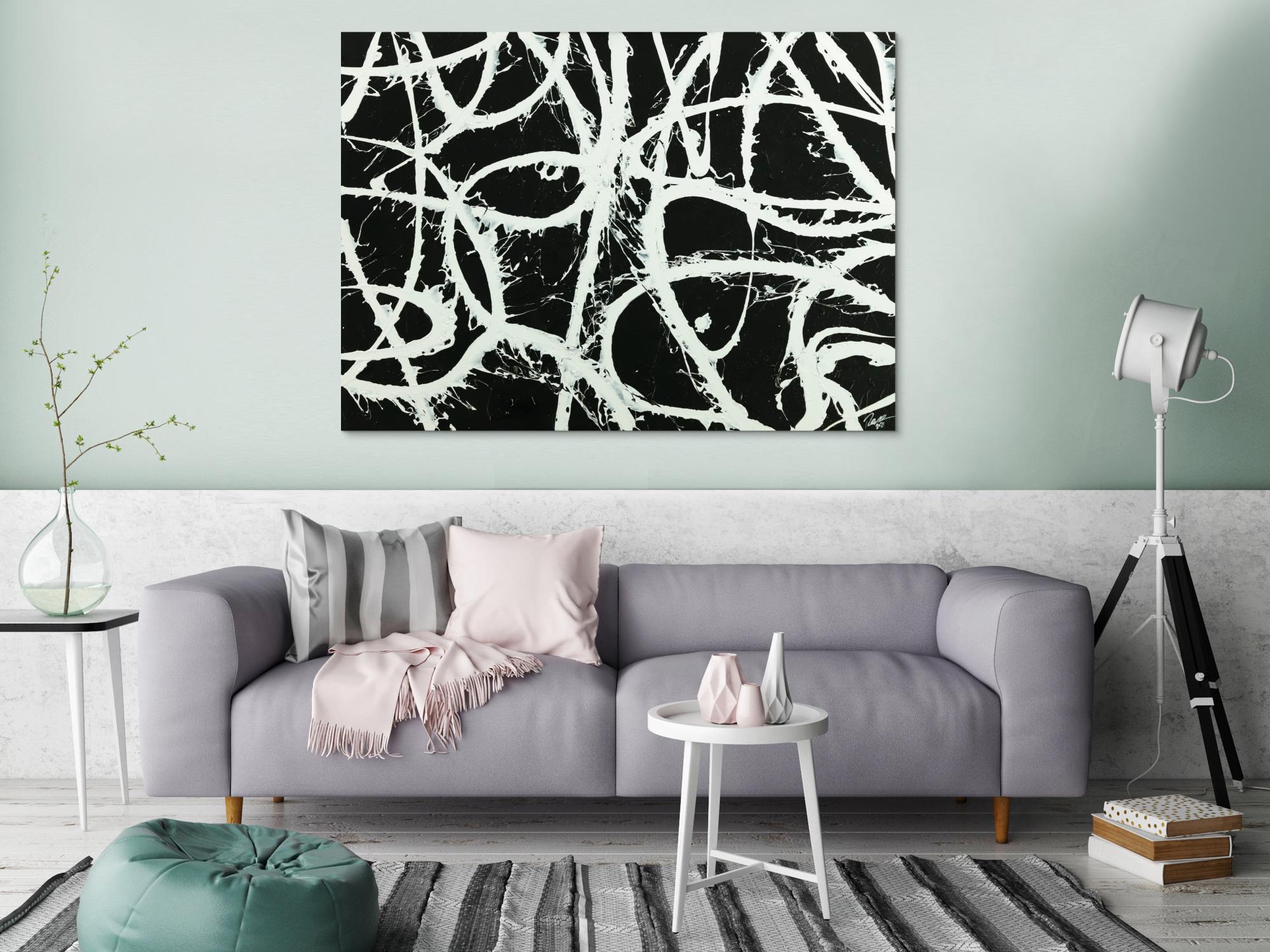 Original Gemälde abstrakt 100x140cm Minimalistisch zeitgenössisch handgemalt Action Painting schwarz weiß anthrazit Einzelstück