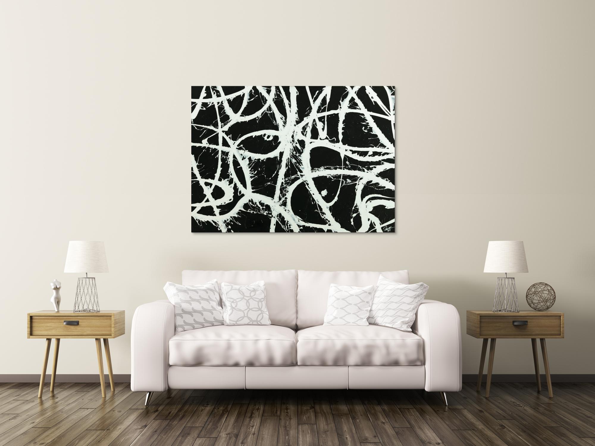 Original Gemälde abstrakt 100x140cm Minimalistisch zeitgenössisch handgemalt Action Painting schwarz weiß anthrazit Einzelstück