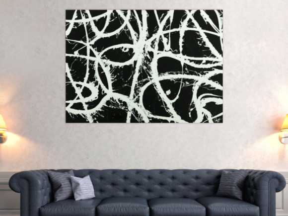 Original Gemälde abstrakt 100x140cm Minimalistisch zeitgenössisch handgemalt Action Painting schwarz weiß anthrazit Einzelstück