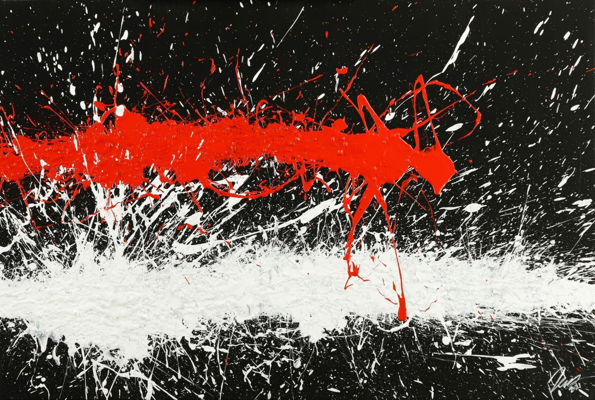 Abstraktes Original Gemälde 80x120cm Minimalistisch Modern Art handgefertigt Action Painting schwarz weiß rot Einzelstück