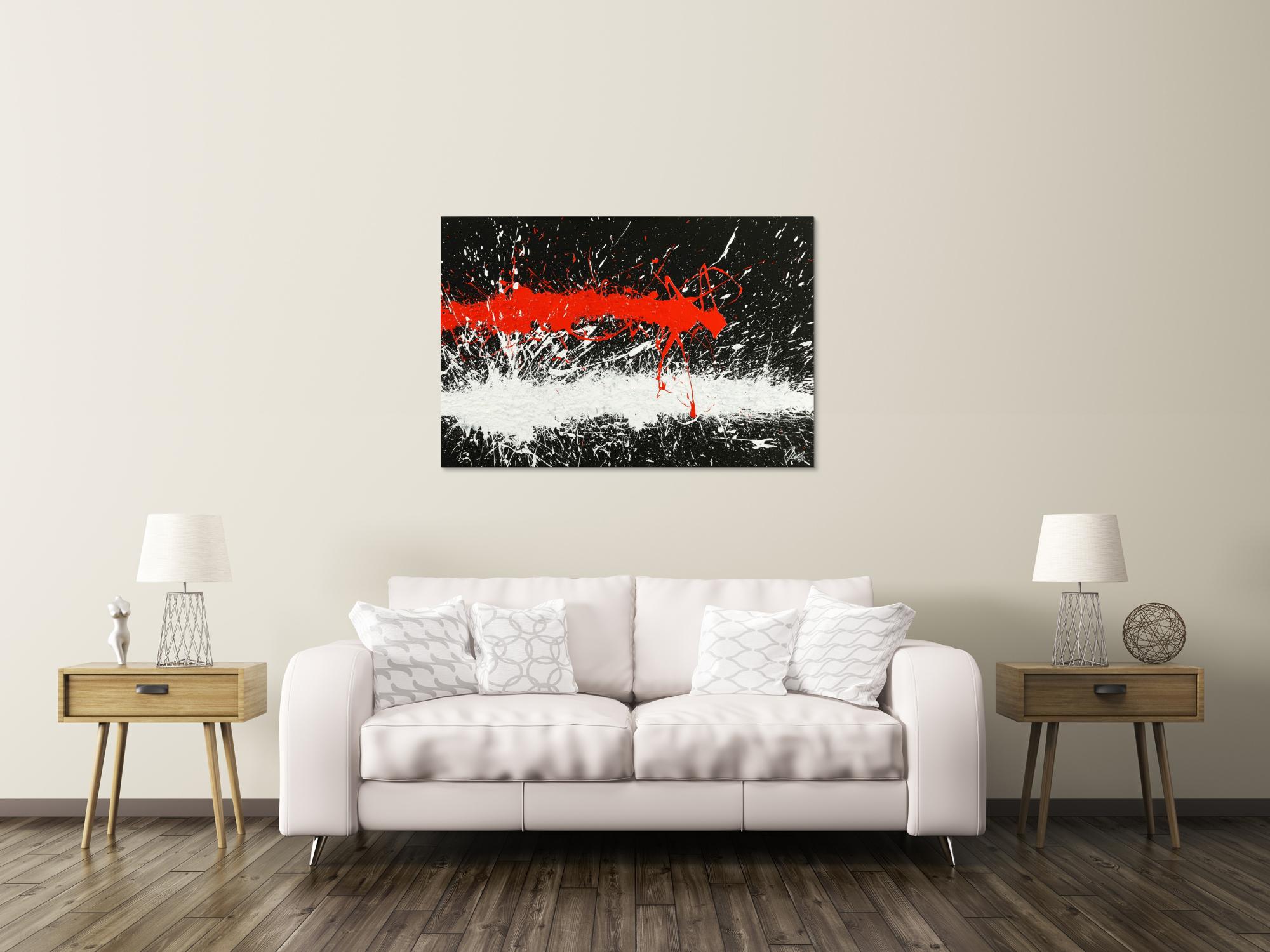 Abstraktes Original Gemälde 80x120cm Minimalistisch Modern Art handgefertigt Action Painting schwarz weiß rot Einzelstück