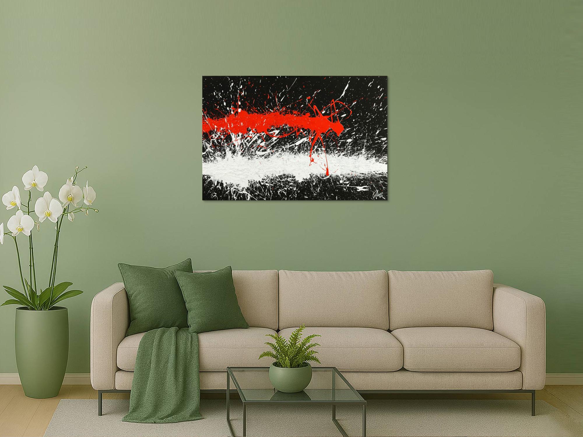 Abstraktes Original Gemälde 80x120cm Minimalistisch Modern Art handgefertigt Action Painting schwarz weiß rot Einzelstück
