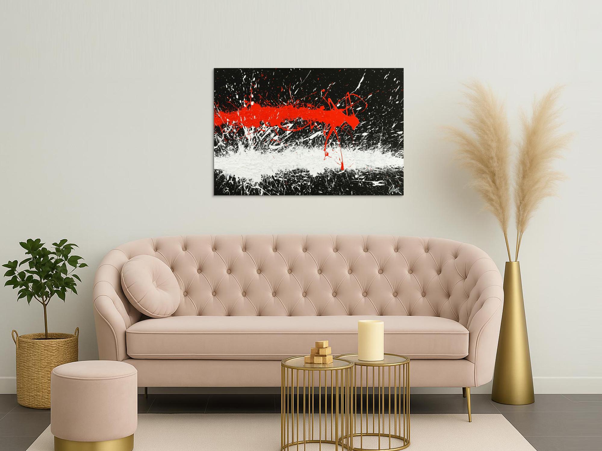 Abstraktes Original Gemälde 80x120cm Minimalistisch Modern Art handgefertigt Action Painting schwarz weiß rot Einzelstück