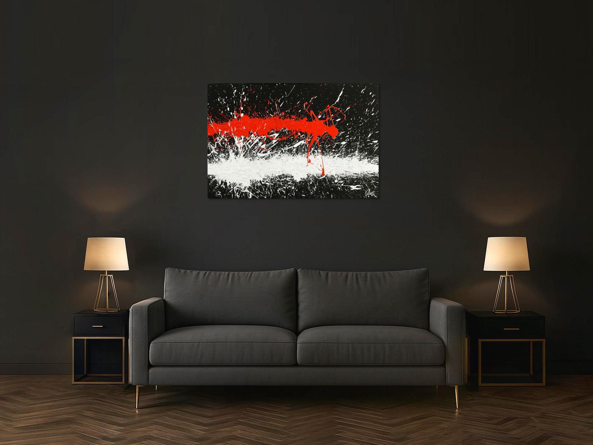 Abstraktes Original Gemälde 80x120cm Minimalistisch Modern Art handgefertigt Action Painting schwarz weiß rot Einzelstück