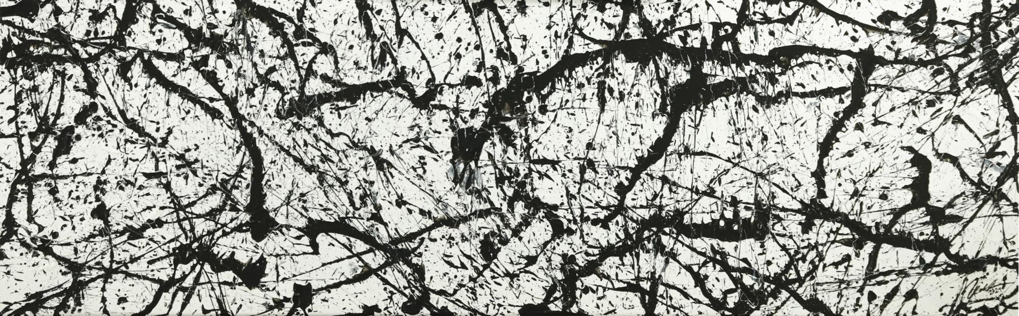 Original Gemälde abstrakt 50x160cm Minimalistisch Modern Art auf Leinwand Action Painting schwarz weiß Unikat