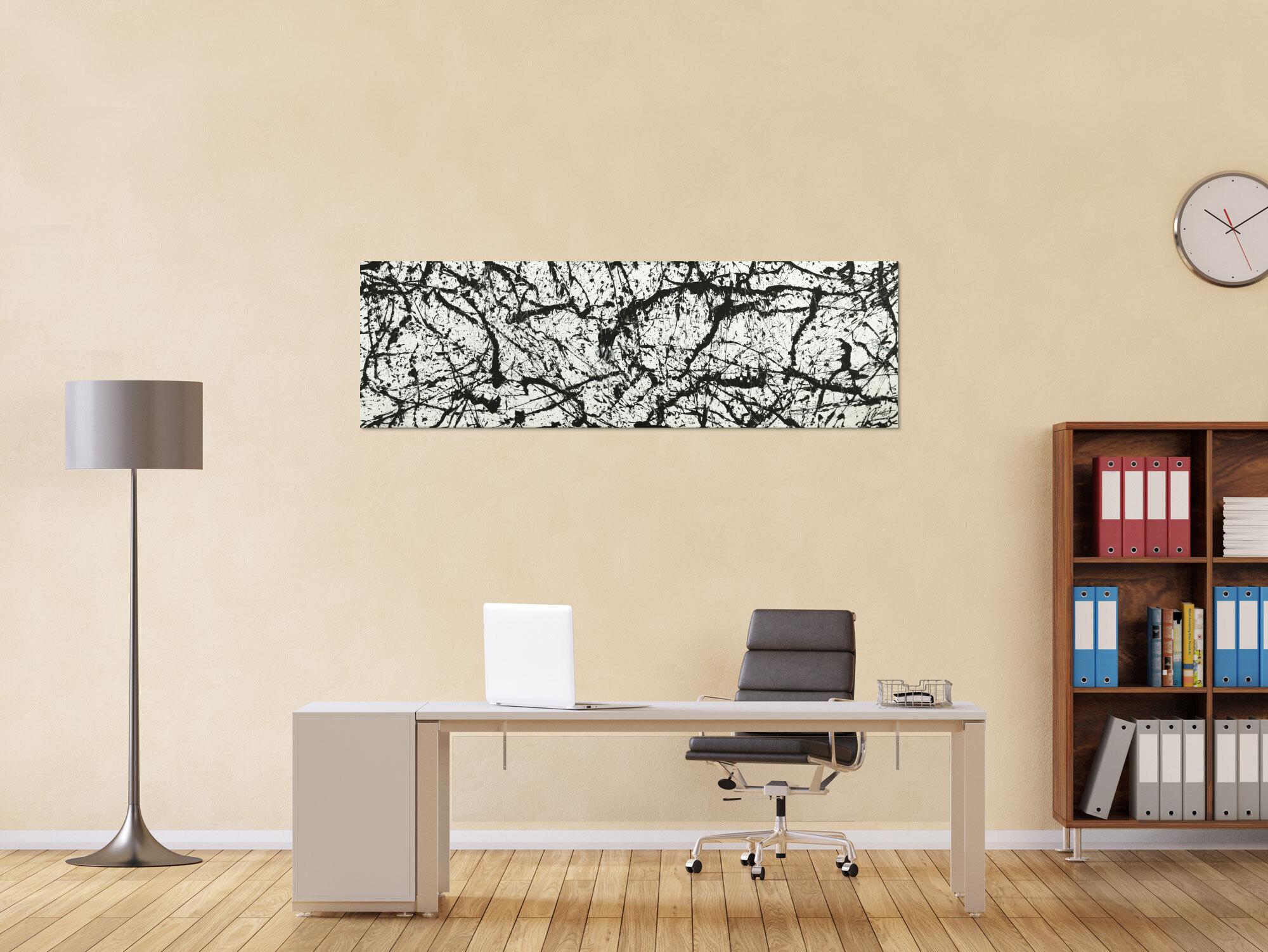 Original Gemälde abstrakt 50x160cm Minimalistisch Modern Art auf Leinwand Action Painting schwarz weiß Unikat