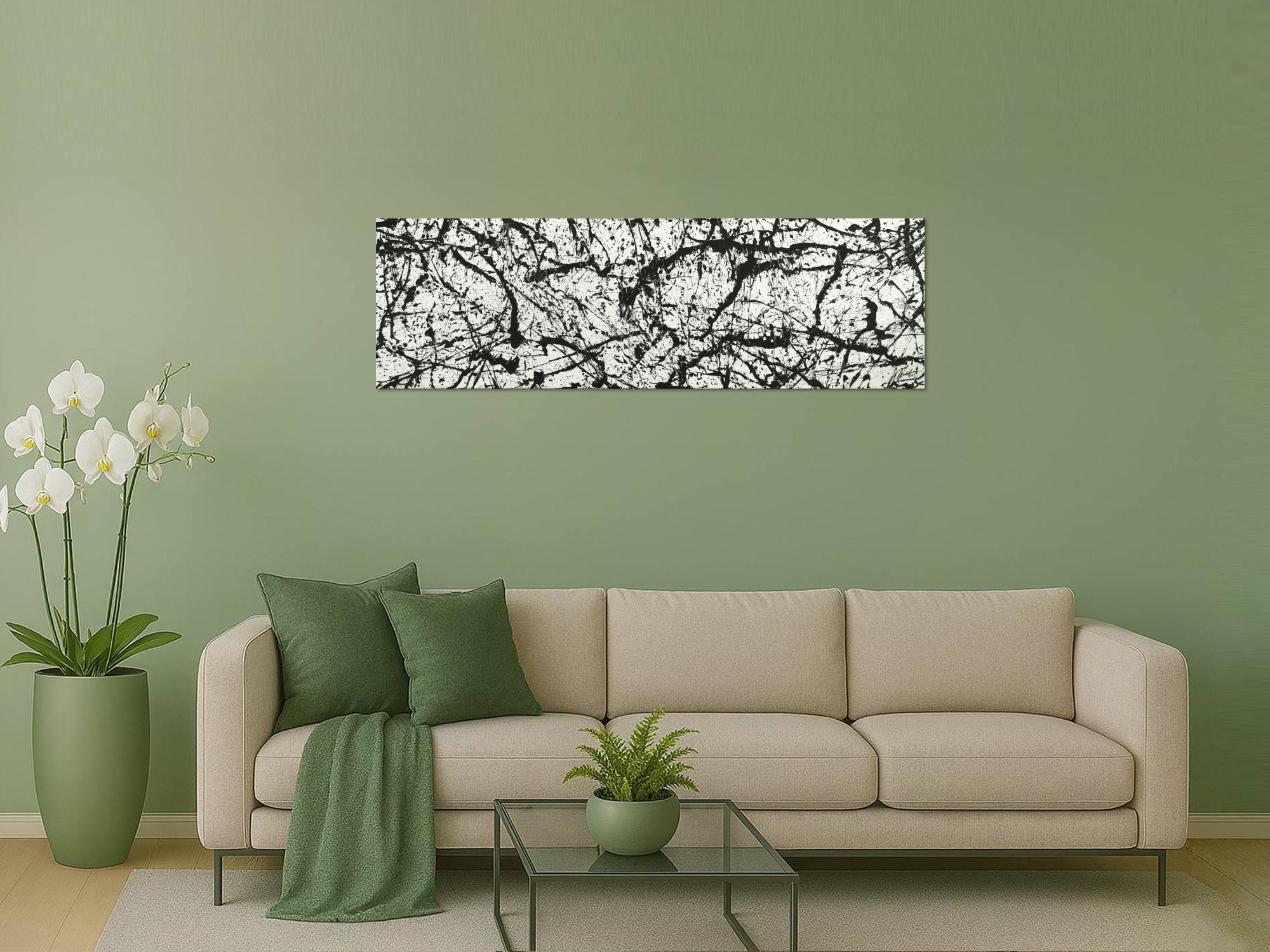 Original Gemälde abstrakt 50x160cm Minimalistisch Modern Art auf Leinwand Action Painting schwarz weiß Unikat