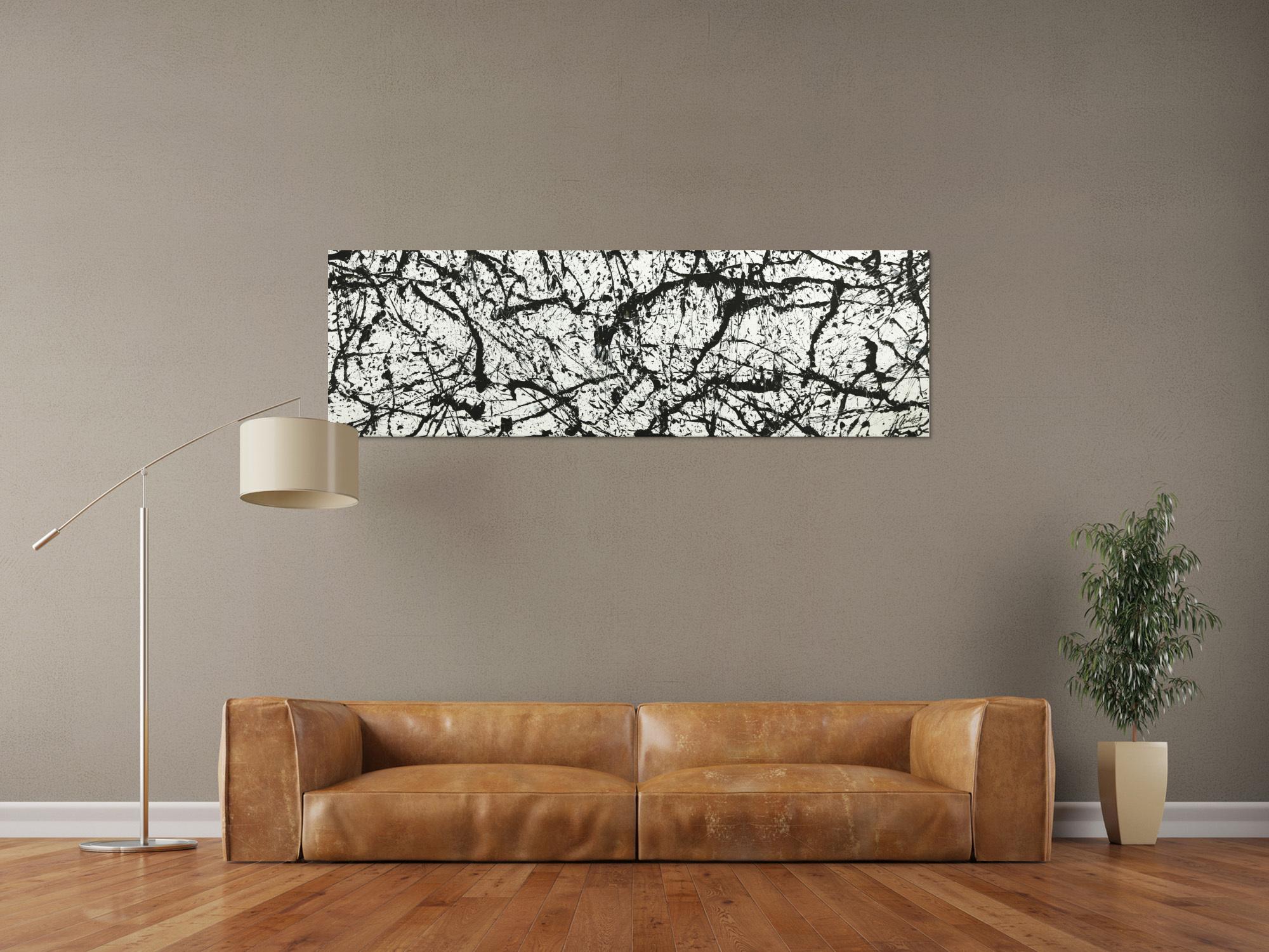 Original Gemälde abstrakt 50x160cm Minimalistisch Modern Art auf Leinwand Action Painting schwarz weiß Unikat