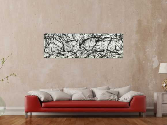 Original Gemälde abstrakt 50x160cm Minimalistisch Modern Art auf Leinwand Action Painting schwarz weiß Unikat