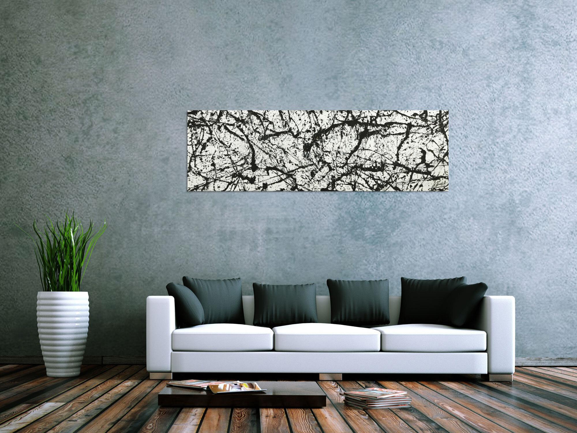 Original Gemälde abstrakt 50x160cm Minimalistisch Modern Art auf Leinwand Action Painting schwarz weiß Unikat