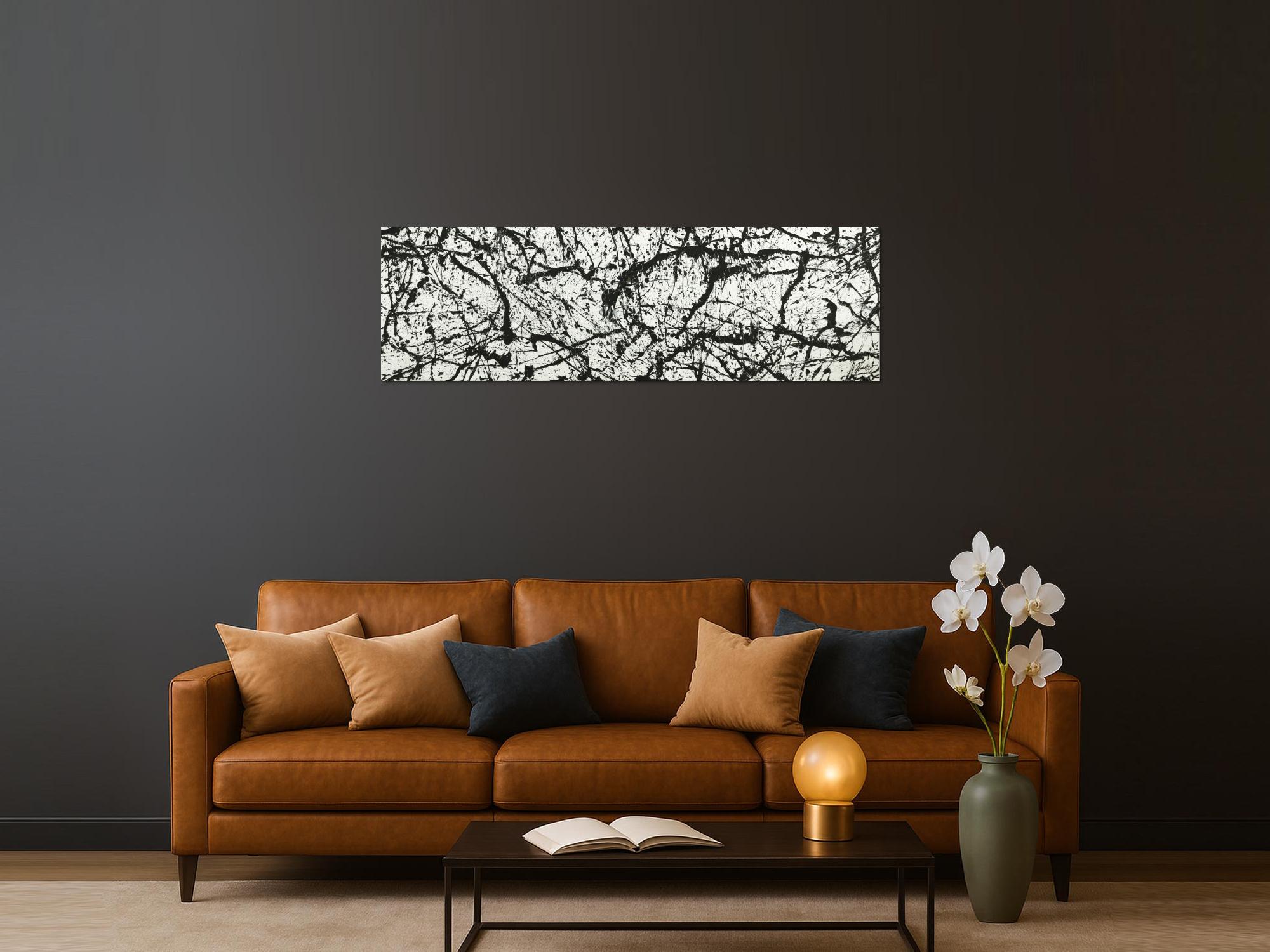 Original Gemälde abstrakt 50x160cm Minimalistisch Modern Art auf Leinwand Action Painting schwarz weiß Unikat