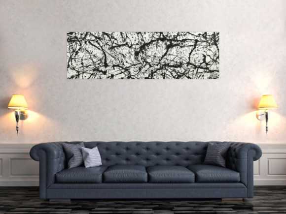 Original Gemälde abstrakt 50x160cm Minimalistisch Modern Art auf Leinwand Action Painting schwarz weiß Unikat