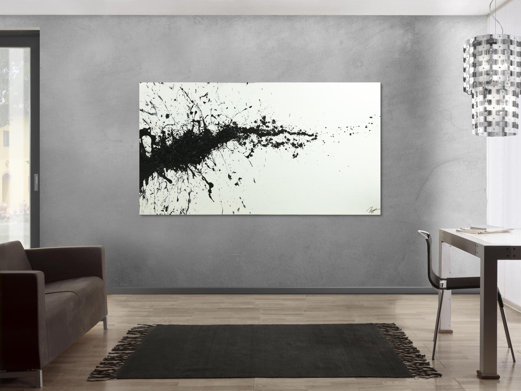 Gemälde Original abstrakt 110x200cm Minimalistisch zeitgenössisch handgefertigt Action Painting schwarz weiss einzigartig