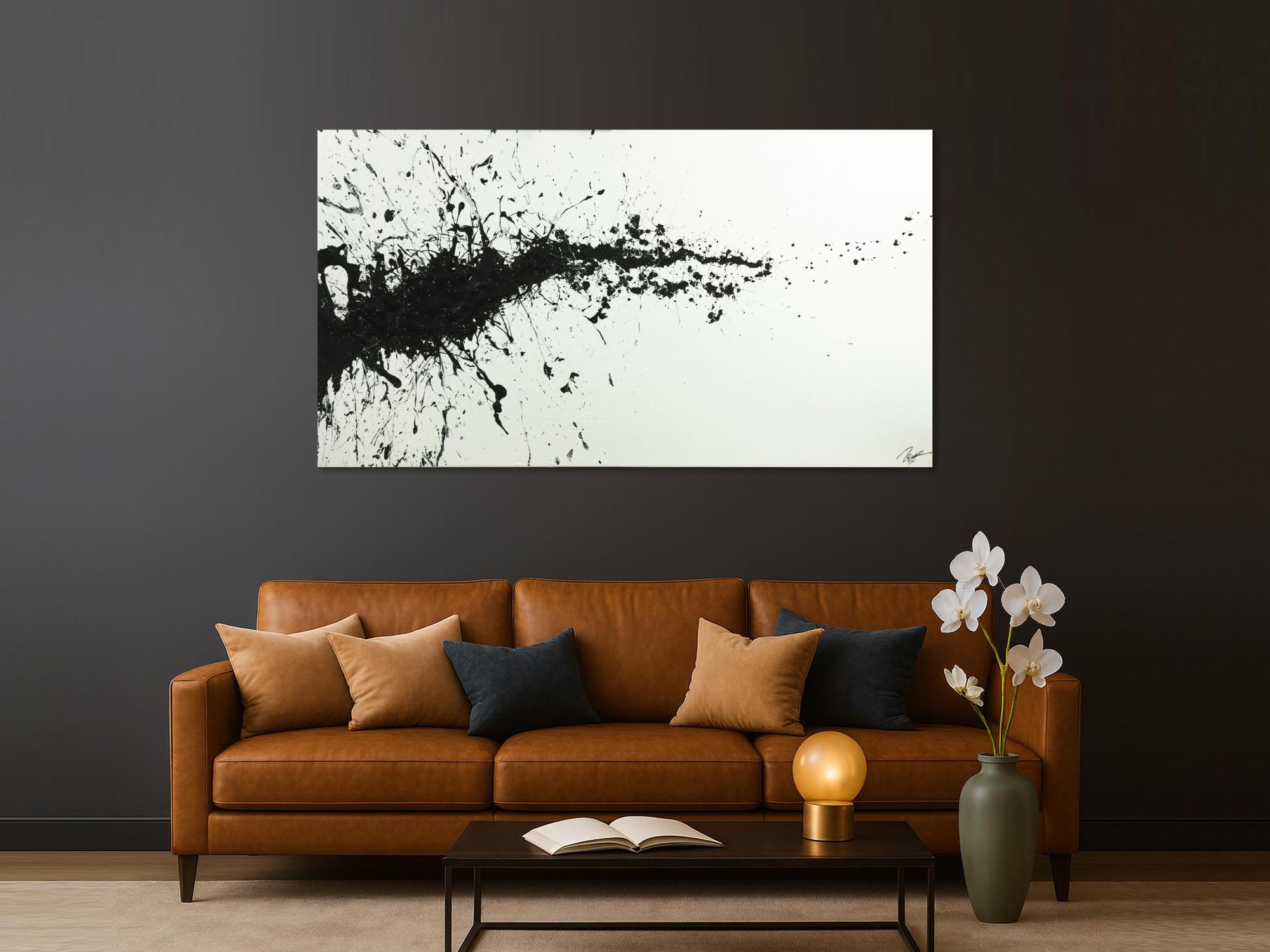 Gemälde Original abstrakt 110x200cm Minimalistisch zeitgenössisch handgefertigt Action Painting schwarz weiss einzigartig