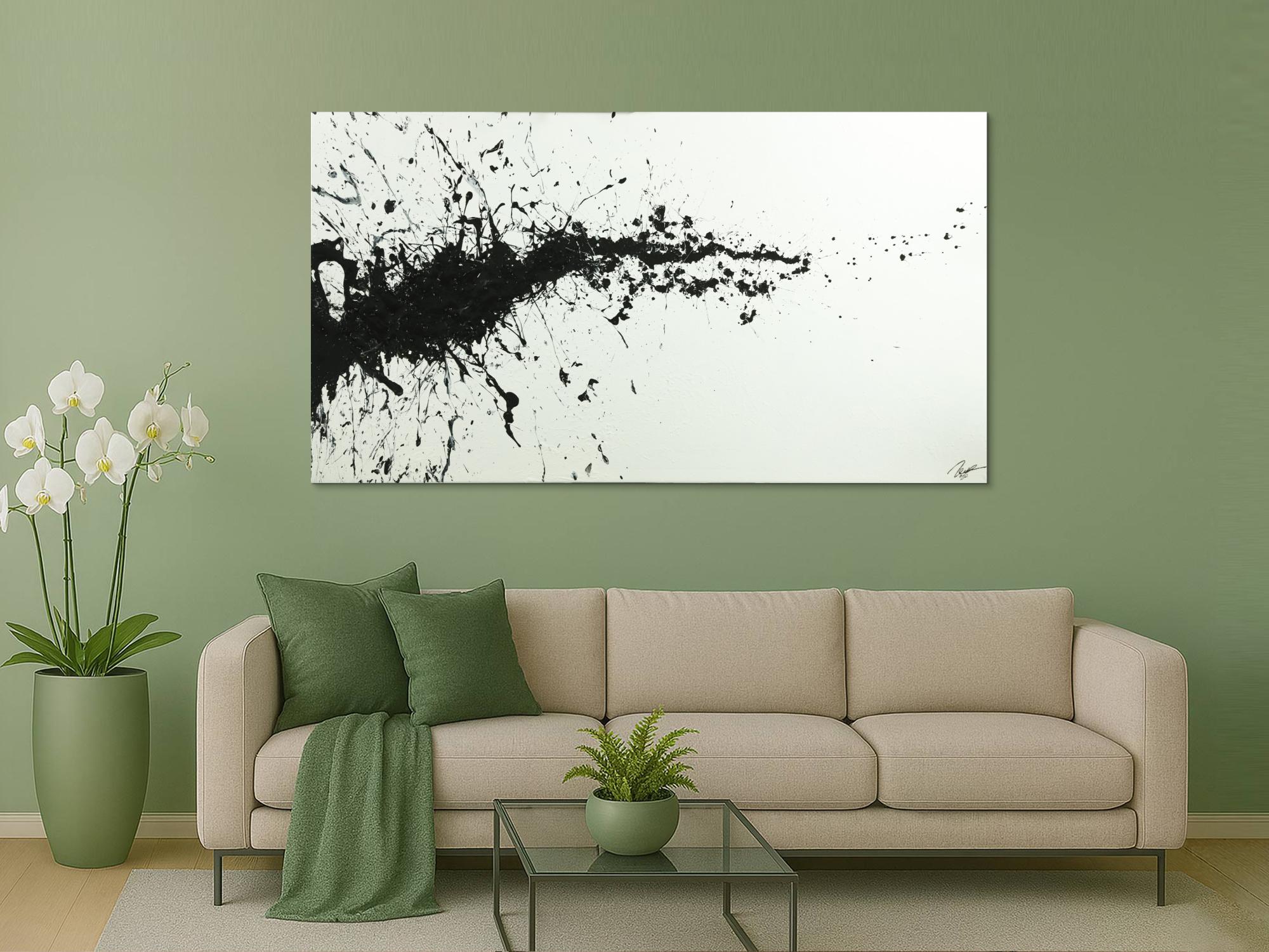 Gemälde Original abstrakt 110x200cm Minimalistisch zeitgenössisch handgefertigt Action Painting schwarz weiss einzigartig