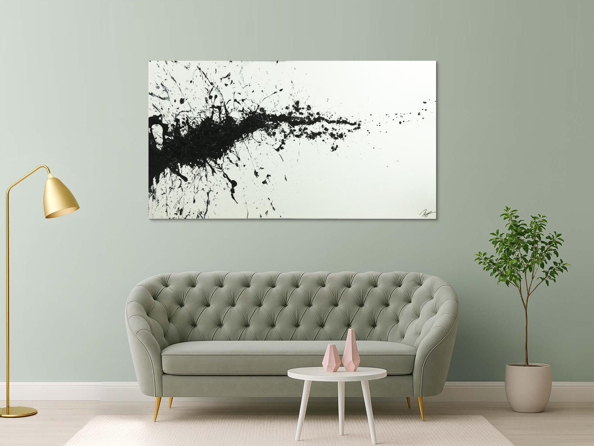 Gemälde Original abstrakt 110x200cm Minimalistisch zeitgenössisch handgefertigt Action Painting schwarz weiss einzigartig
