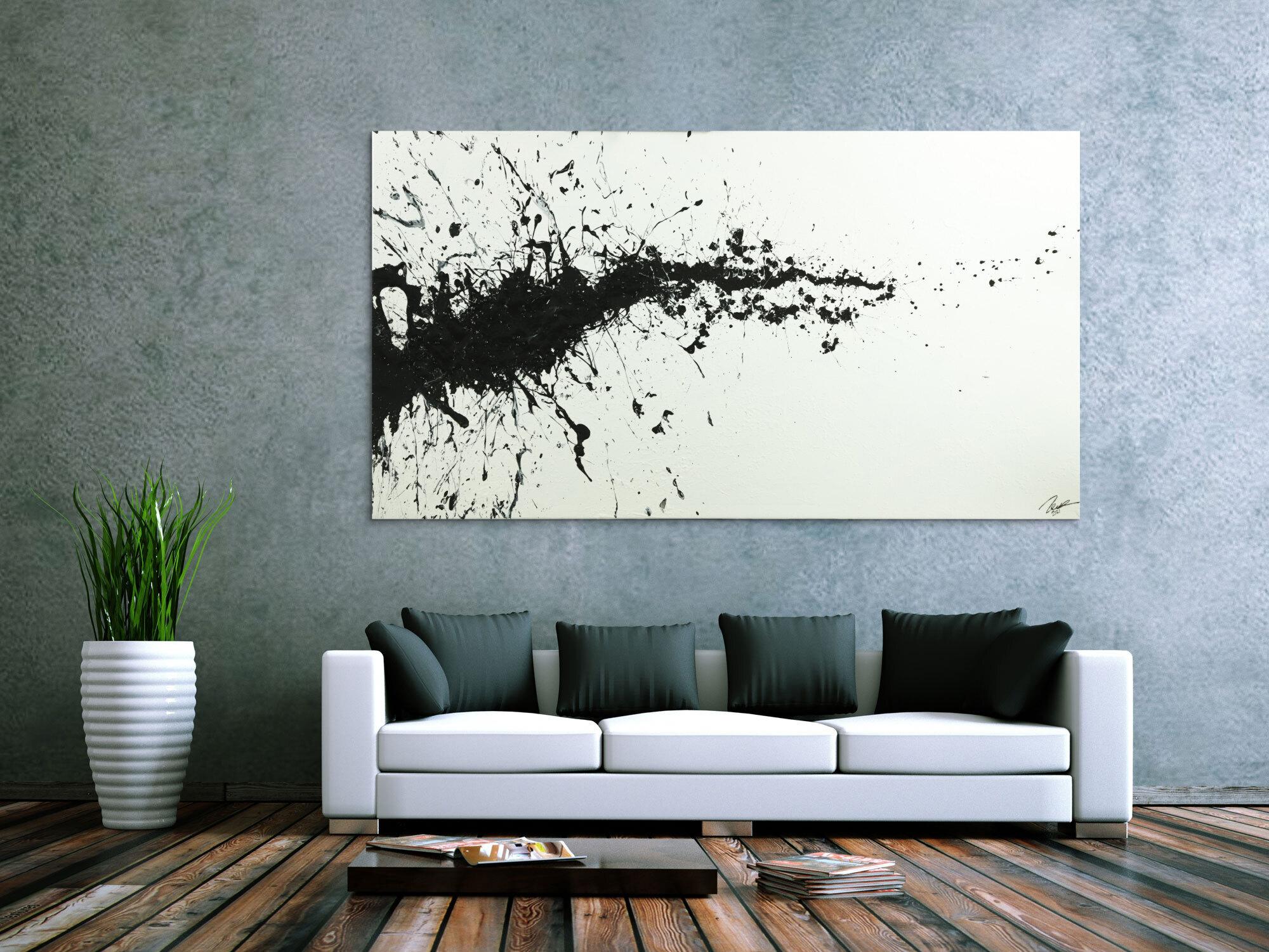 Gemälde Original abstrakt 110x200cm Minimalistisch zeitgenössisch handgefertigt Action Painting schwarz weiss einzigartig