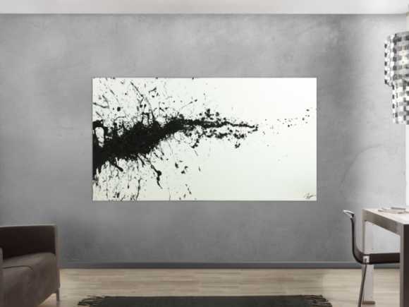 Gemälde Original abstrakt 110x200cm Minimalistisch zeitgenössisch handgefertigt Action Painting schwarz weiss einzigartig