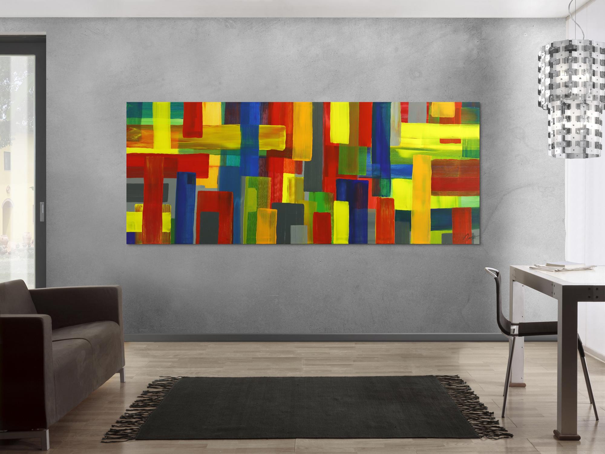 Gemälde Original abstrakt 100x250cm Mischtechnik Moderne Kunst auf Leinwand rot gelb blau grün Einzelstück