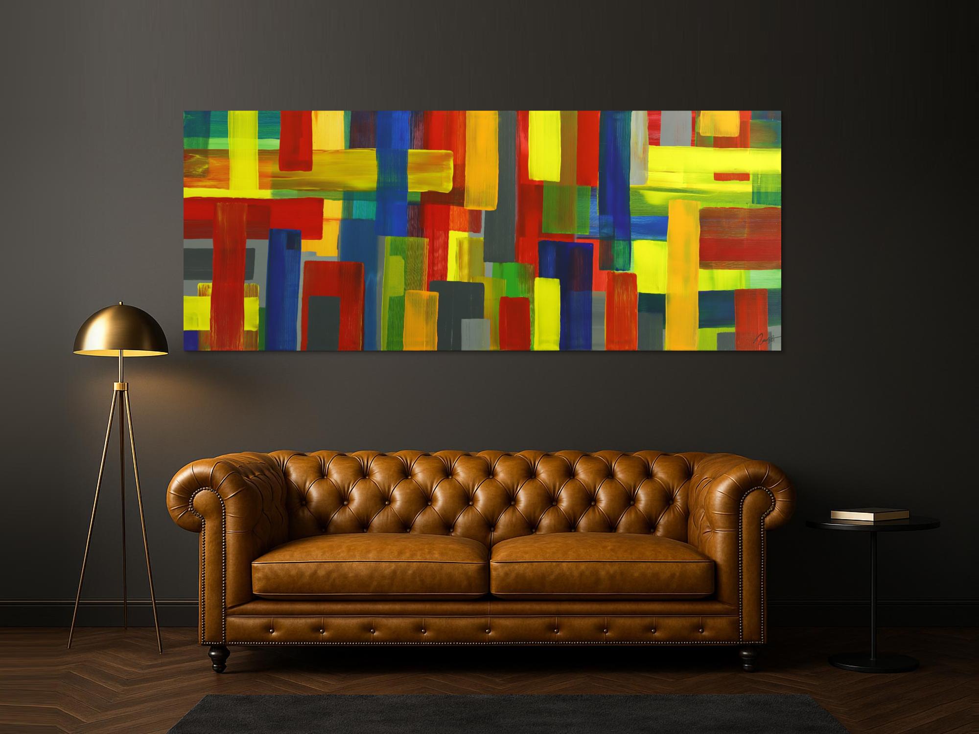 Gemälde Original abstrakt 100x250cm Mischtechnik Moderne Kunst auf Leinwand rot gelb blau grün Einzelstück