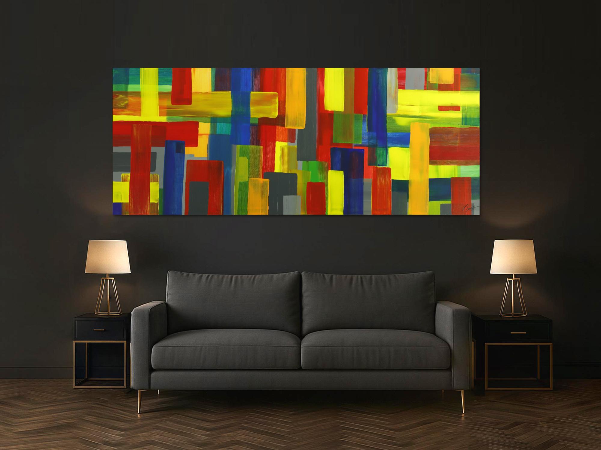 Gemälde Original abstrakt 100x250cm Mischtechnik Moderne Kunst auf Leinwand rot gelb blau grün Einzelstück