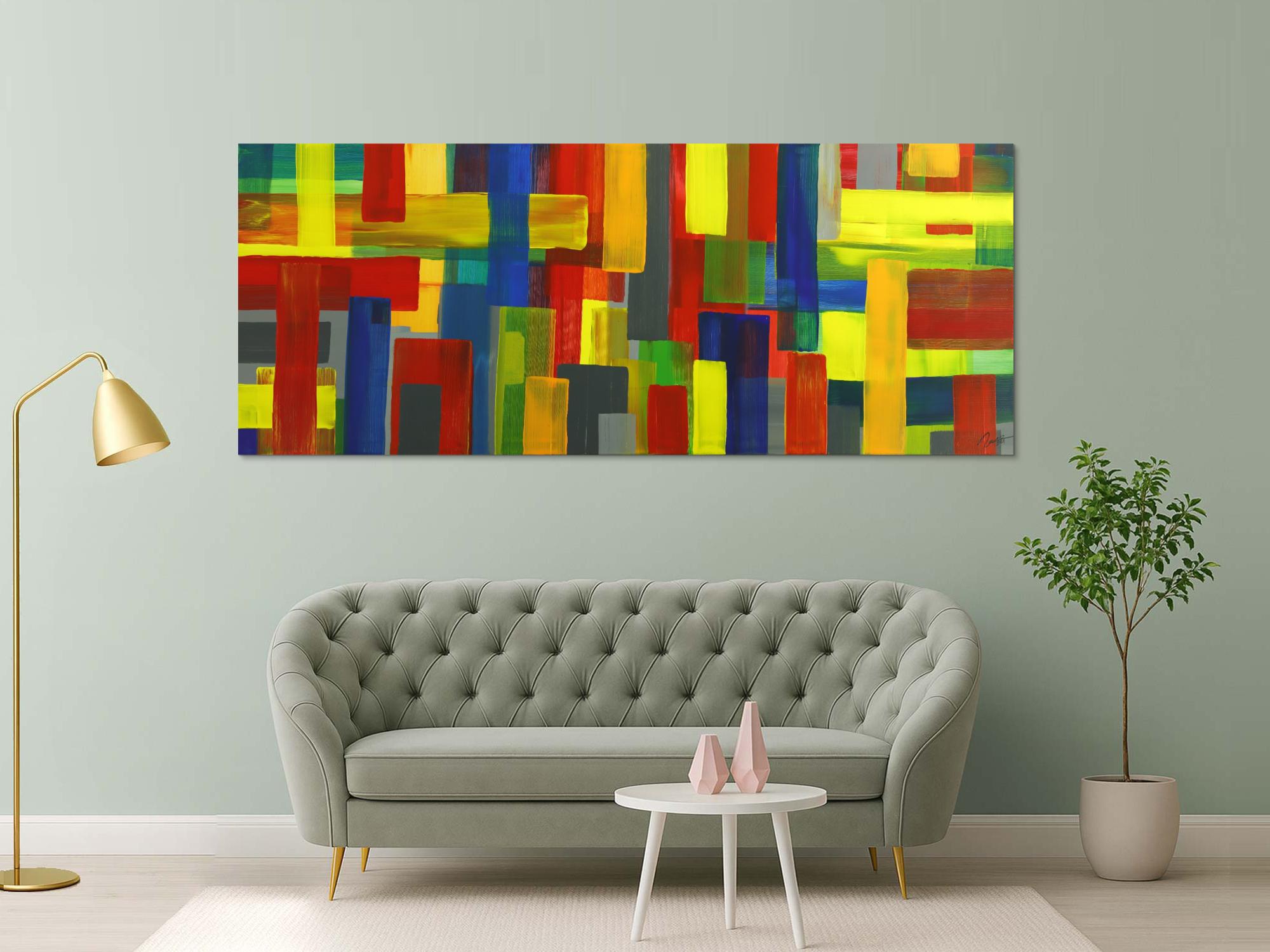 Gemälde Original abstrakt 100x250cm Mischtechnik Moderne Kunst auf Leinwand rot gelb blau grün Einzelstück