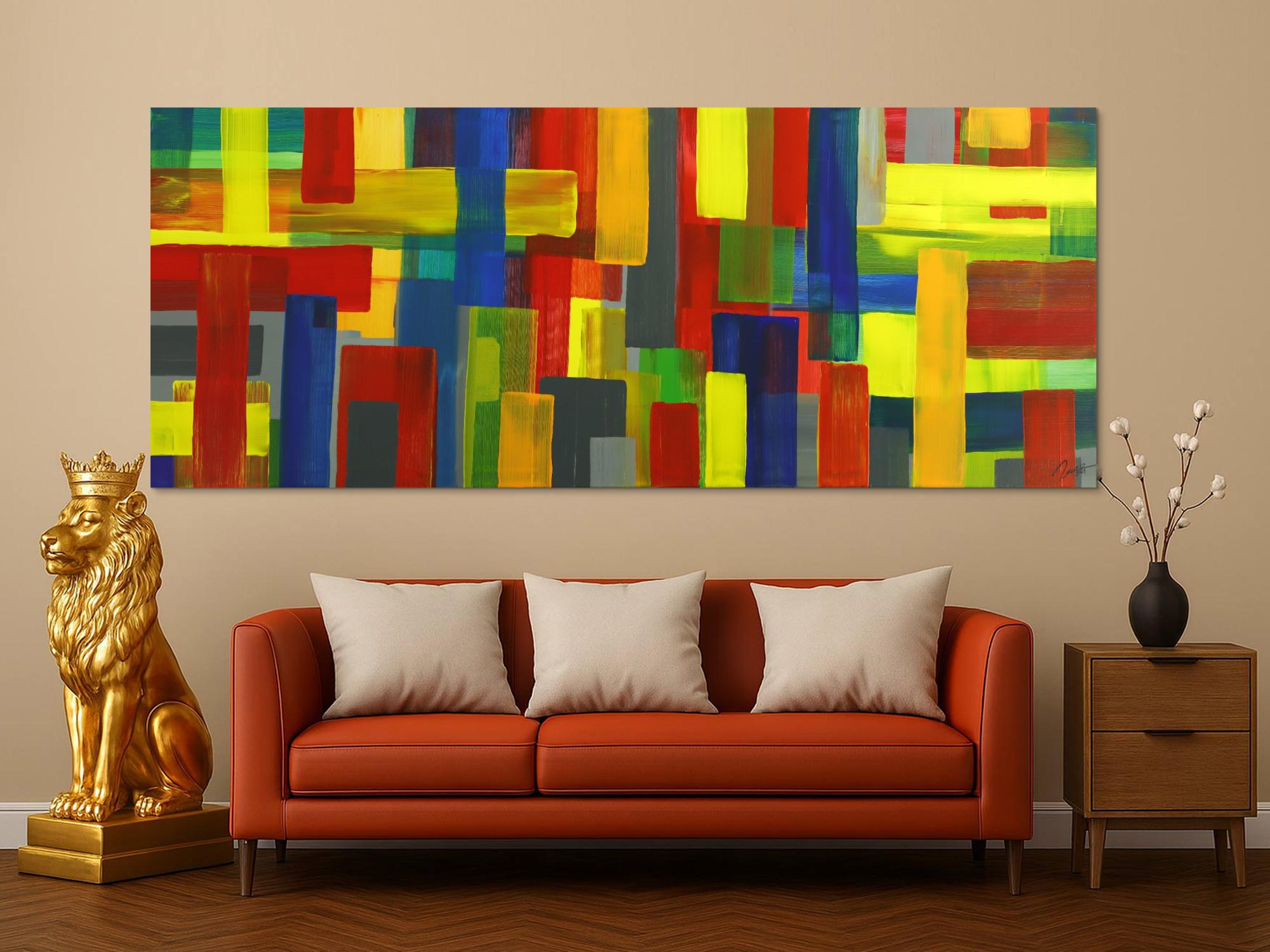 Gemälde Original abstrakt 100x250cm Mischtechnik Moderne Kunst auf Leinwand rot gelb blau grün Einzelstück